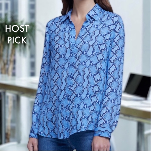L'AGENCE Tops - NWT L’AGENCE Nina Silk Long Sleeve Blouse in Blue Multi Paloma Snake XS Tall